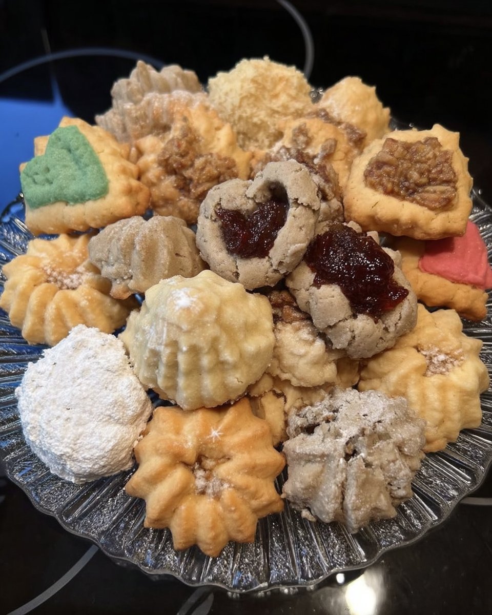 Spritz cookies arranged on a wooden board with fresh evergreen sprigs.