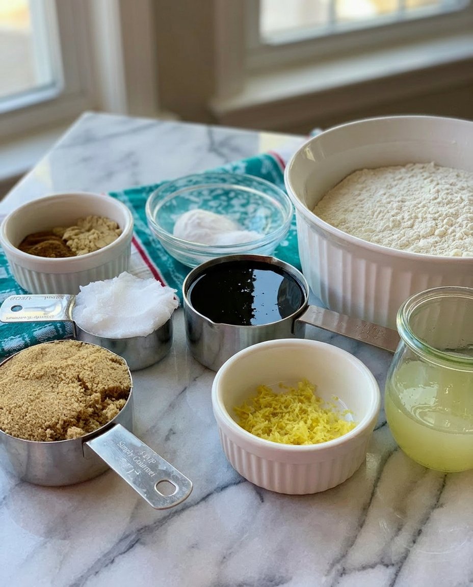 Lemon Ginger Snaps 12 Measuring cups of sugar, molasses, and fresh lemon zest on a kitchen counter