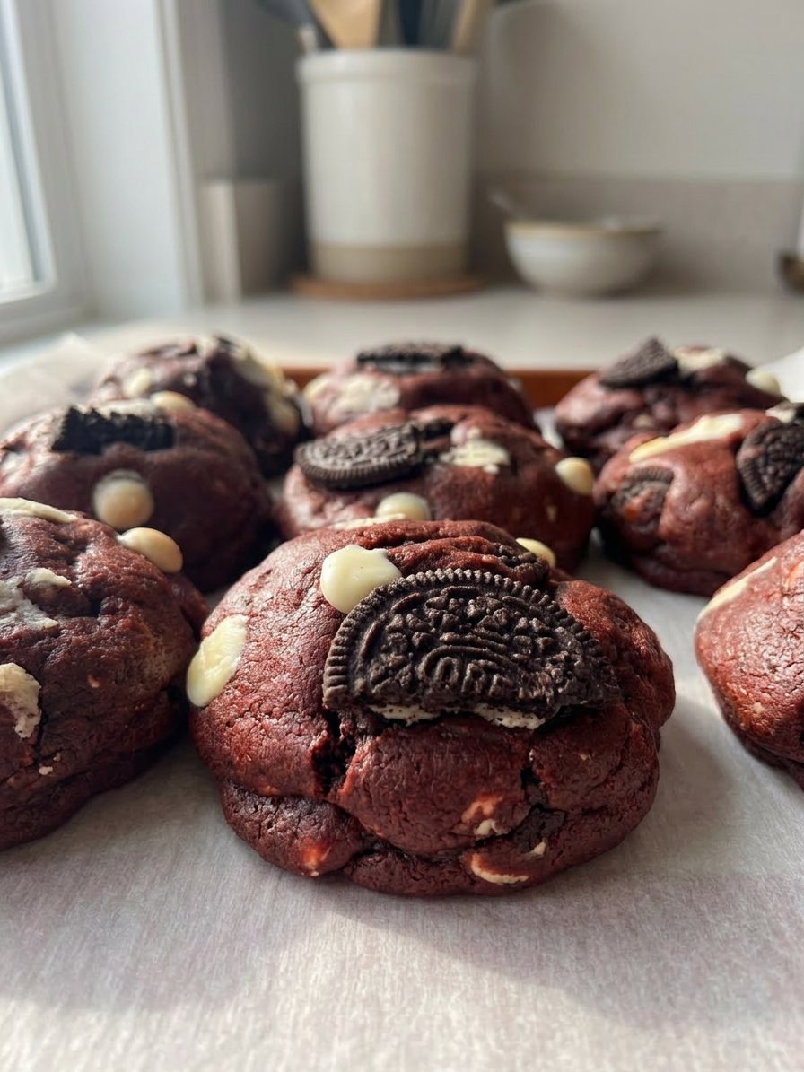 A massive NYC style red velvet cookie loaded with white chocolate chips