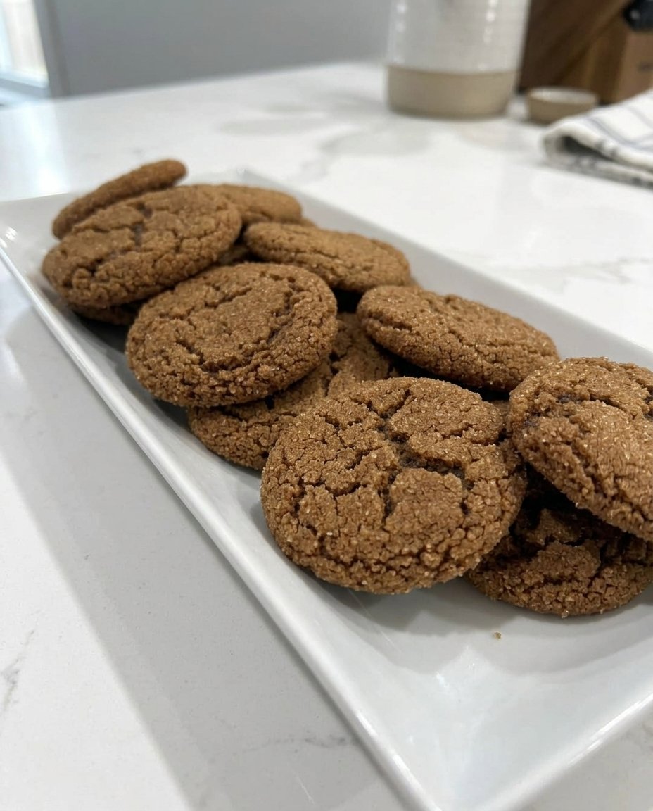 Ingredients for ginger cookies including bowls of spices and a jar of dark molasses
