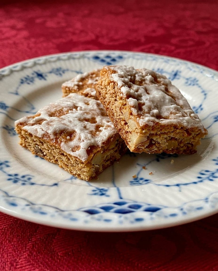 A stack of glazed Basler Lackerli bars on a serving plate
