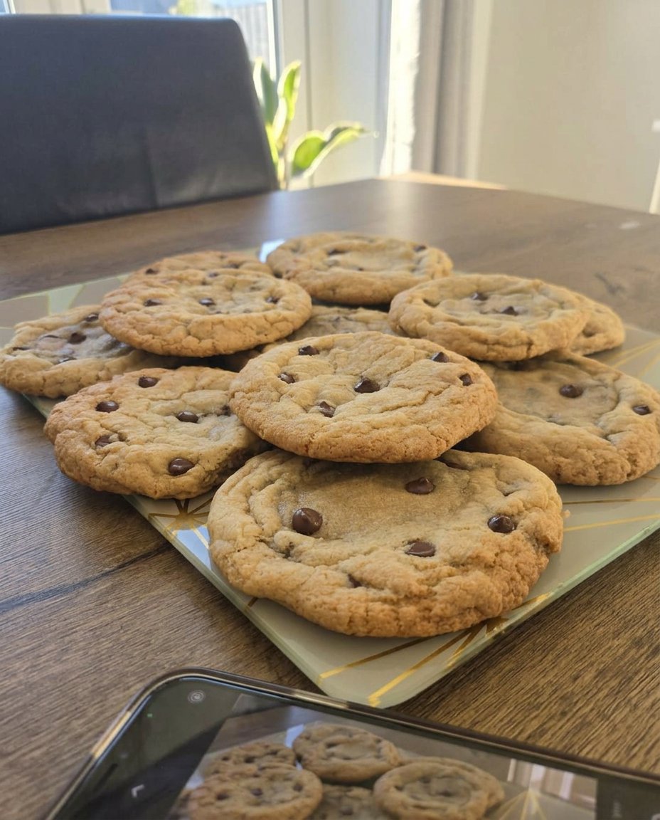 Gluten Free Chocolate Chip 14 Finished cookies sprinkled with flaky sea salt on a wooden serving board.