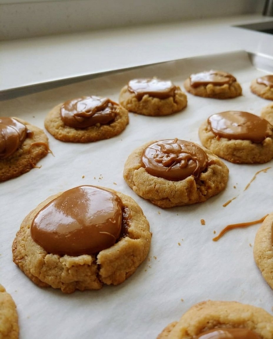 A batch of chocolate Caramel Thumbprint cookies with golden centers on a farmhouse table.