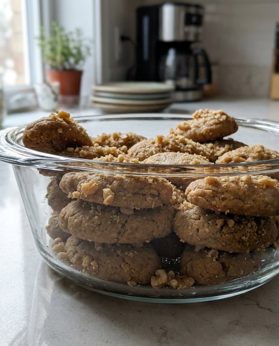 A massive stack of honey soaked melomakarona cookies topped with walnuts