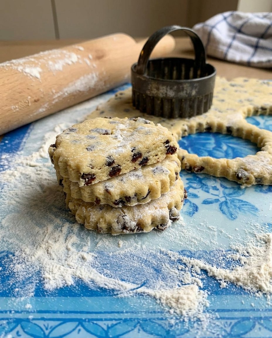 Welsh Cakes 13 Welsh cakes cooking in a heavy cast iron skillet on a stovetop.