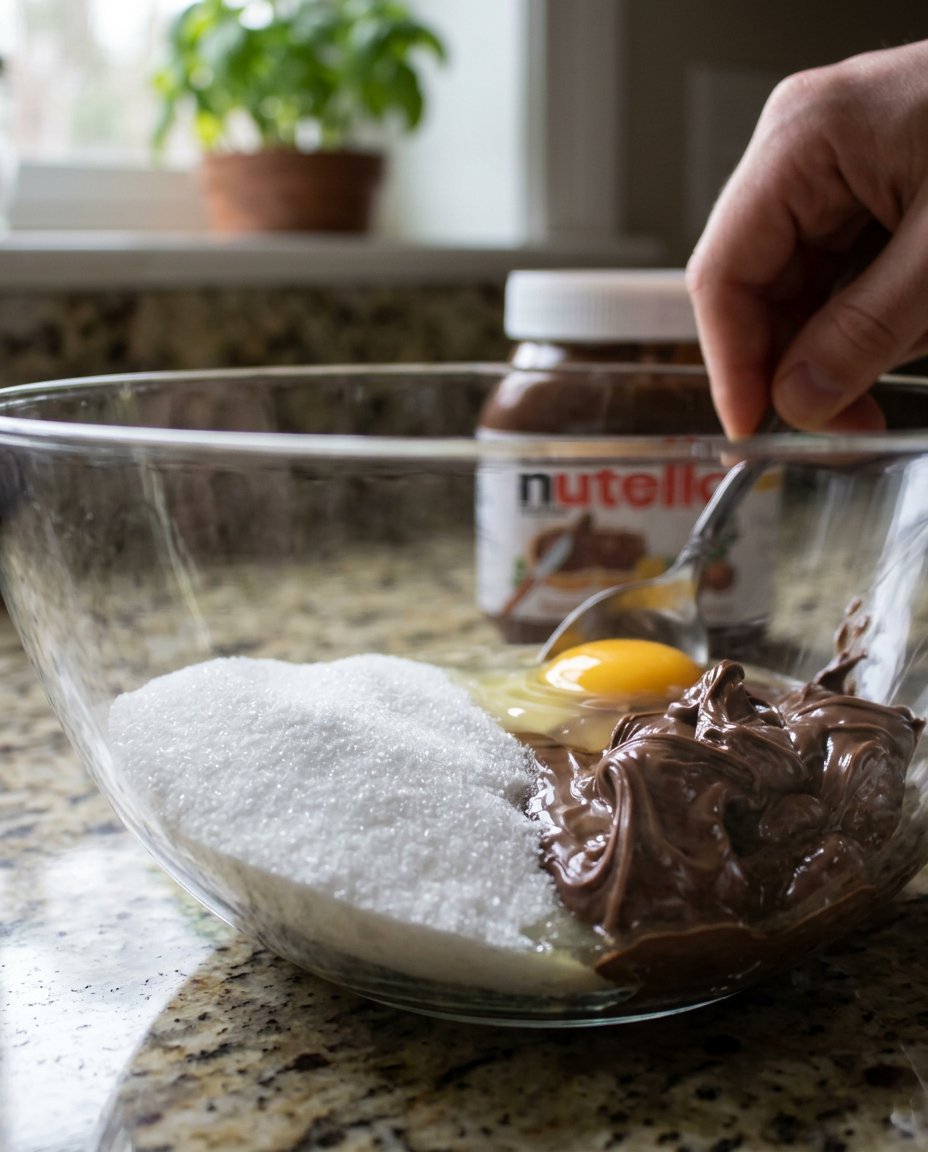 Ingredients for flourless nutella cookies including hazelnut spread and a fresh egg