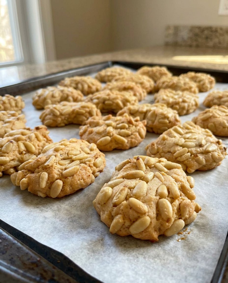 A festive plate filled with Pignoli cookies and other treats