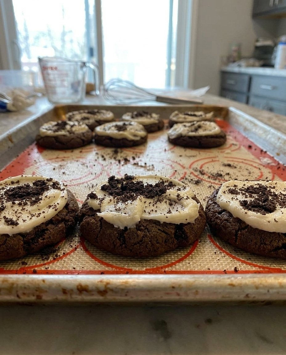 Oreo Copycat Cookies 14 A stack of homemade Oreo copycat cookies next to a glass of fresh milk on a sunny porch