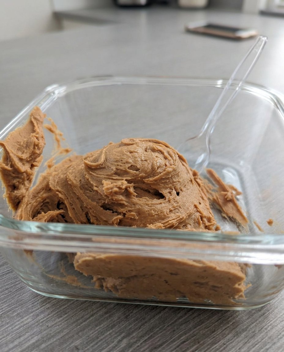 A glass jar filled with creamy homemade sugar free peanut butter on a wooden farmhouse table.