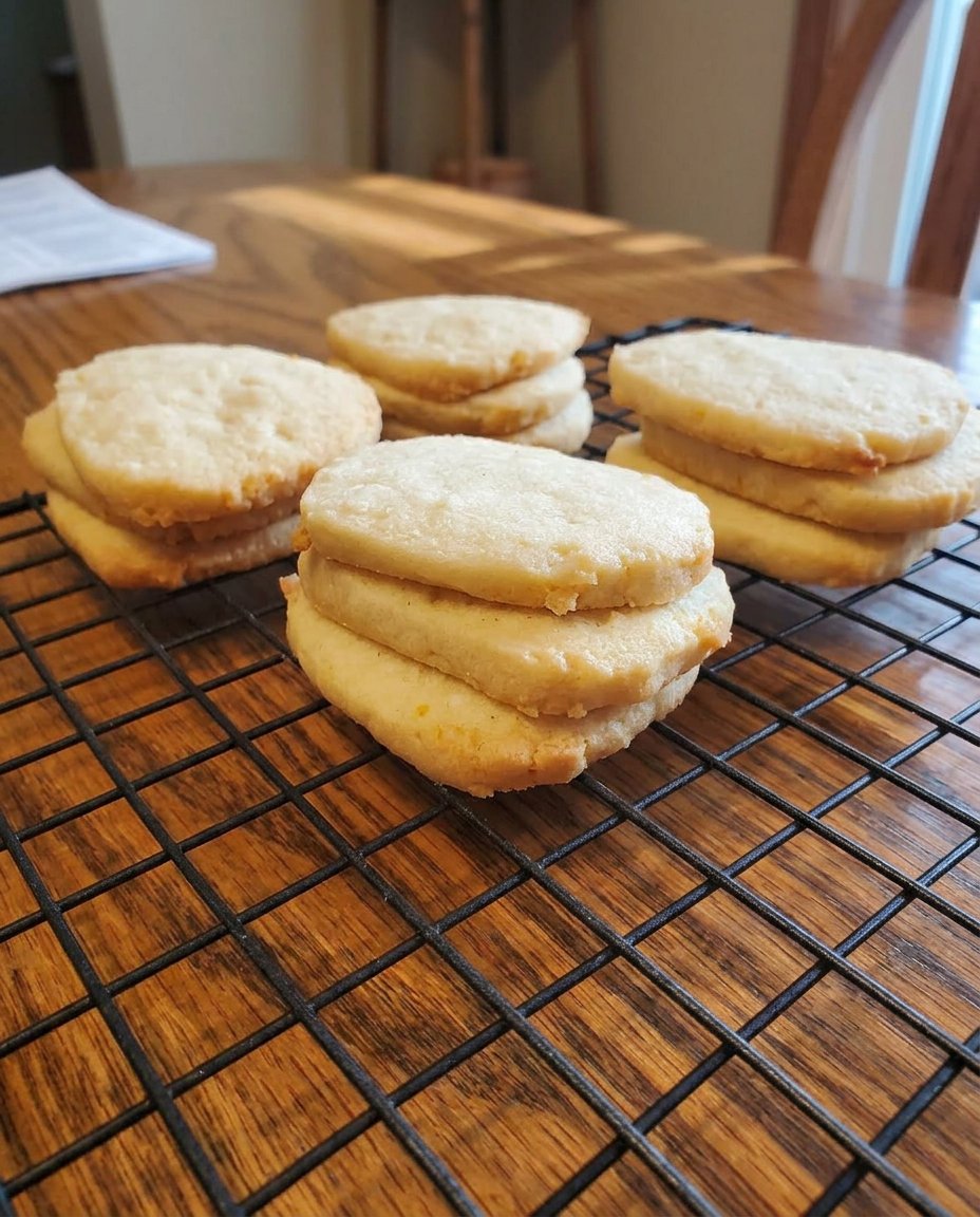 A stack of honey-gold icebox cookies on a wooden farmhouse table with slivered almonds scattered around.