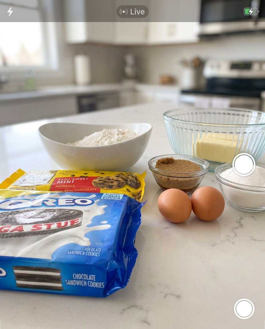 Oreo Stuffed Chocolate Chip 12 Ingredients for Oreo stuffed cookies including butter, flour, chocolate chips, and a pack of Oreos