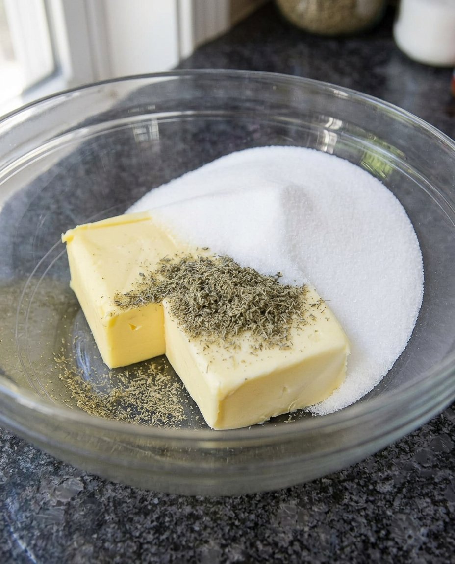 High quality butter sugar and dried lavender on a wooden table