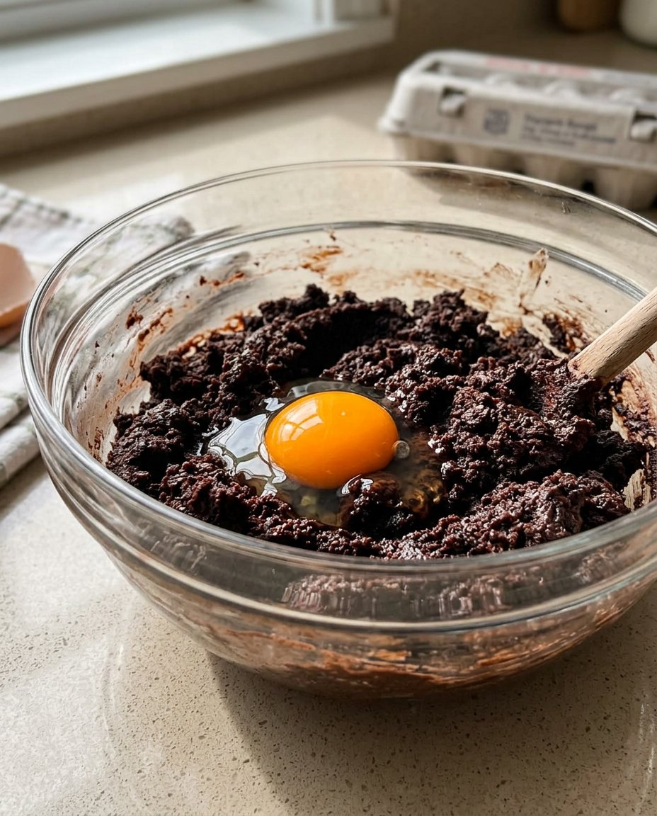 Ingredients for crinkle cookies including cocoa powder, flour, oil, and eggs on a wooden table.