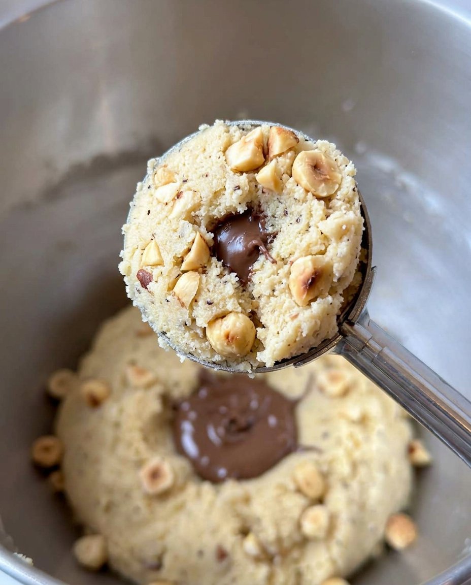 Ingredients for Nutella stuffed cookies including browned butter Nutella and chopped chocolate