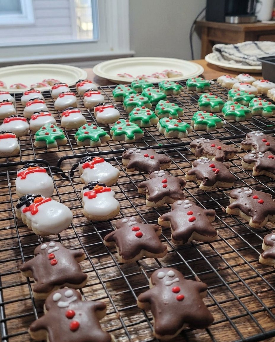 A tray of golden Italian Christmas cookies cooling on a wire rack with a dusting of powdered sugar.