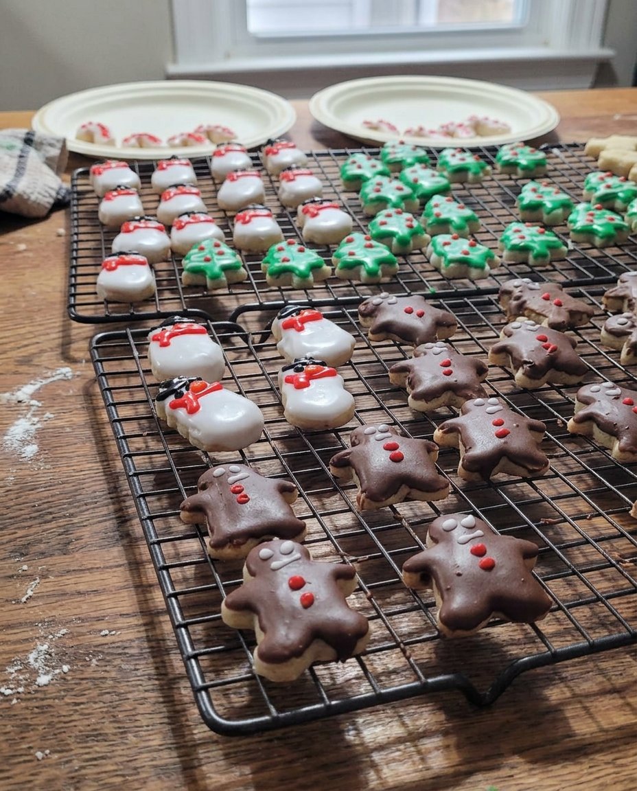 A beautiful pile of shaped Italian Christmas cookies dusted with powdered sugar on a wooden board.