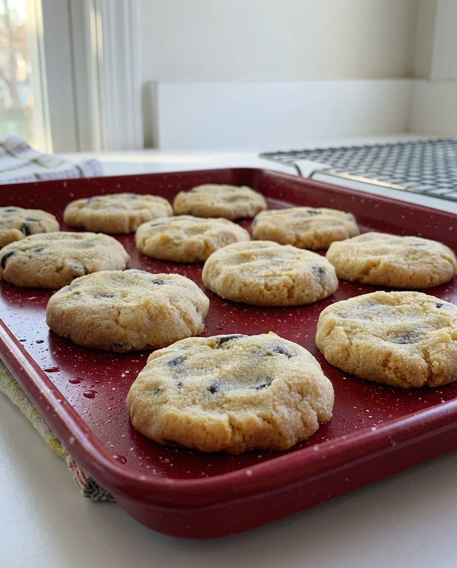 A tray of golden keto chocolate chip cookies resting on a baking sheet.