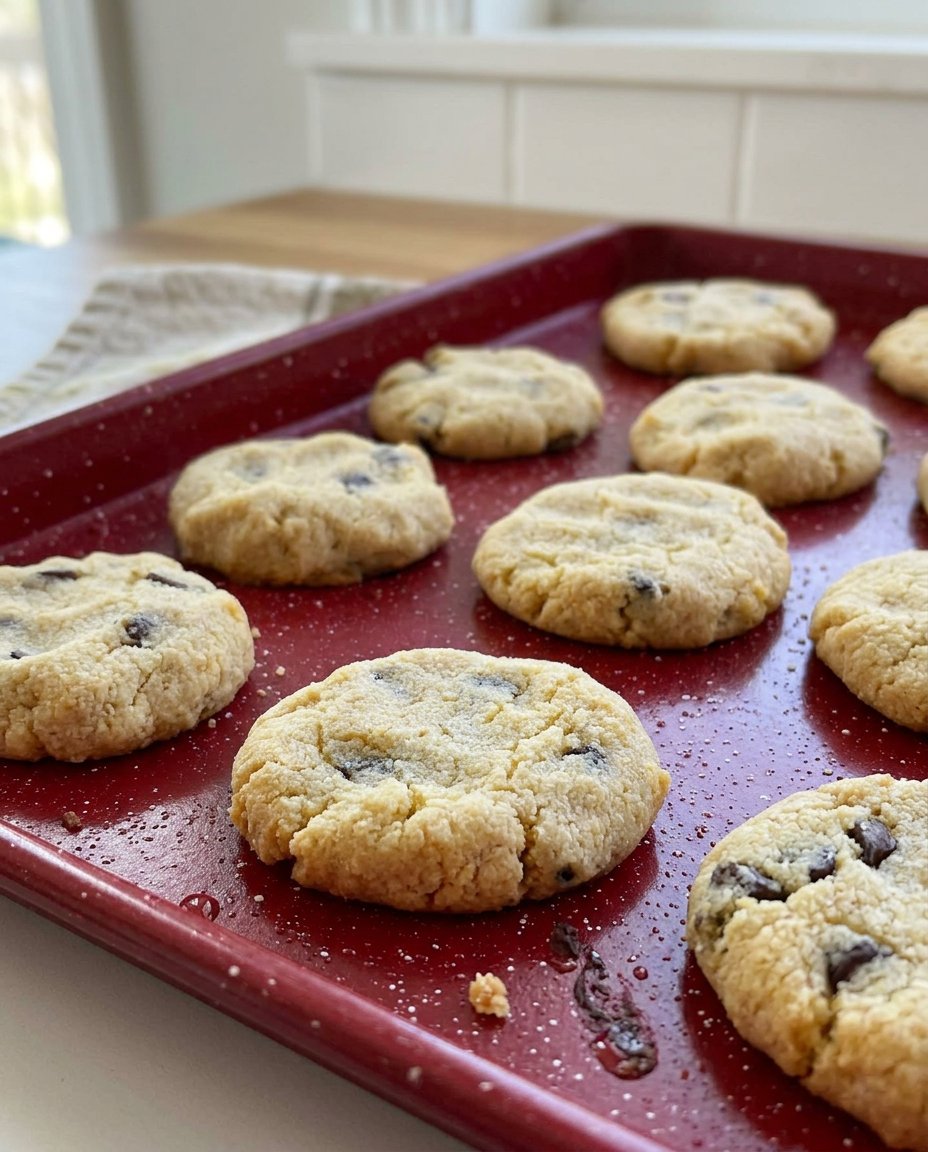 A stack of keto chocolate chip cookies next to a glass of cold milk.