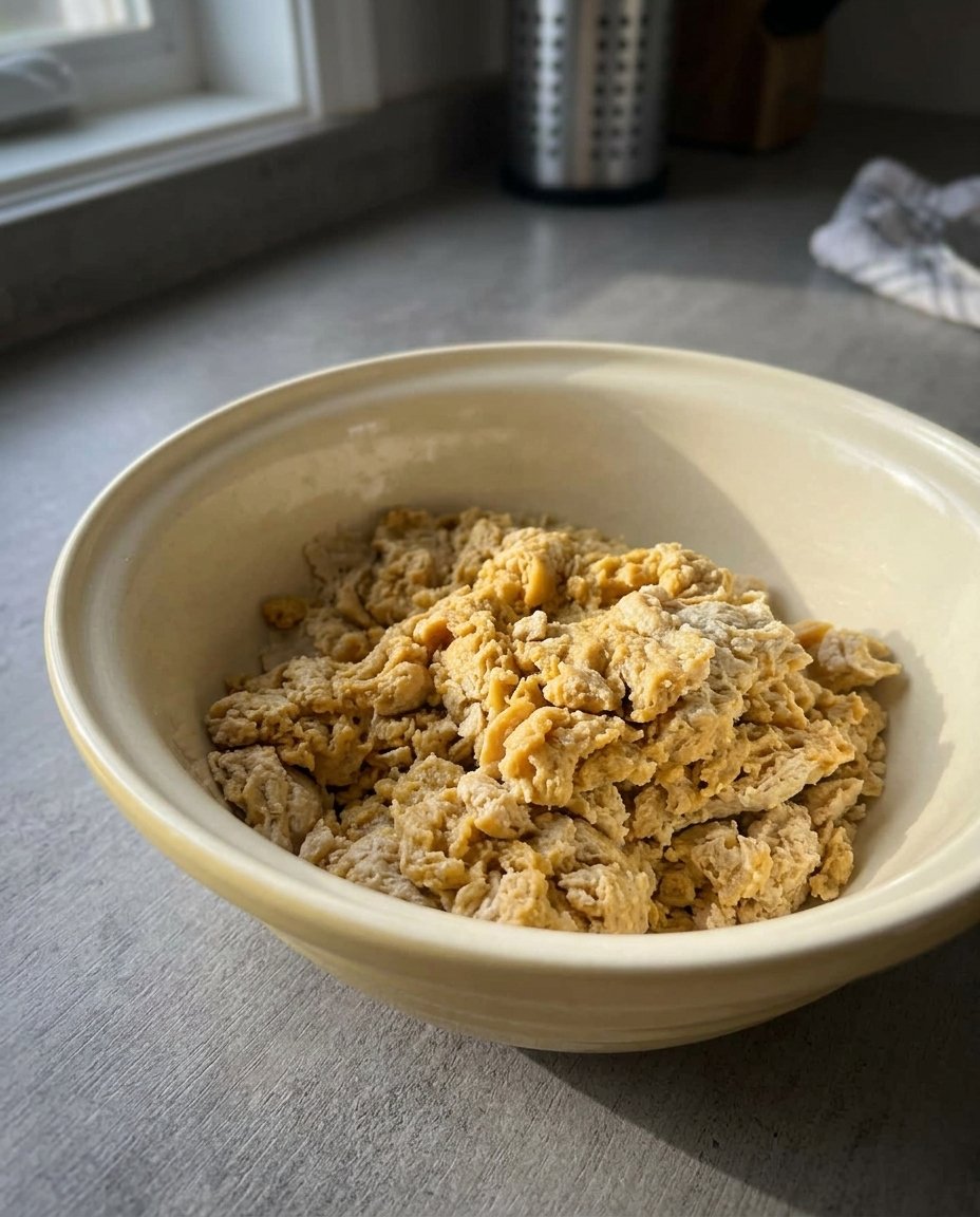 Hands kneading the pasta frolla dough on a floured wooden surface.