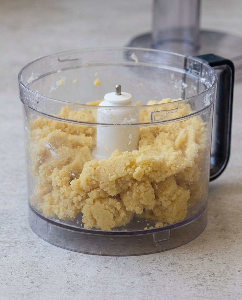 Close up of hands gently kneading a soft ball of pale yellow cookie dough on a floured surface.