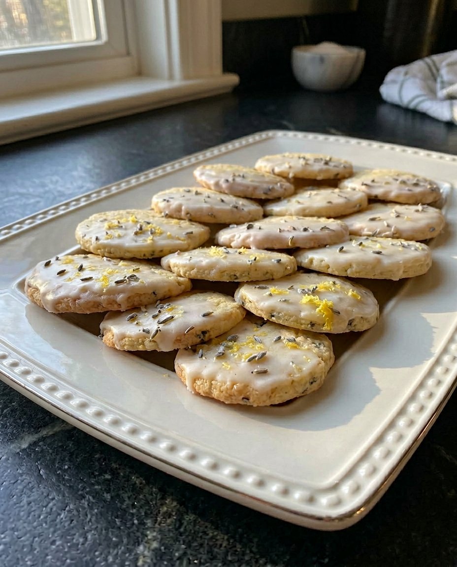 A tray of Lavender Shortbread Cookies cooling on a rack