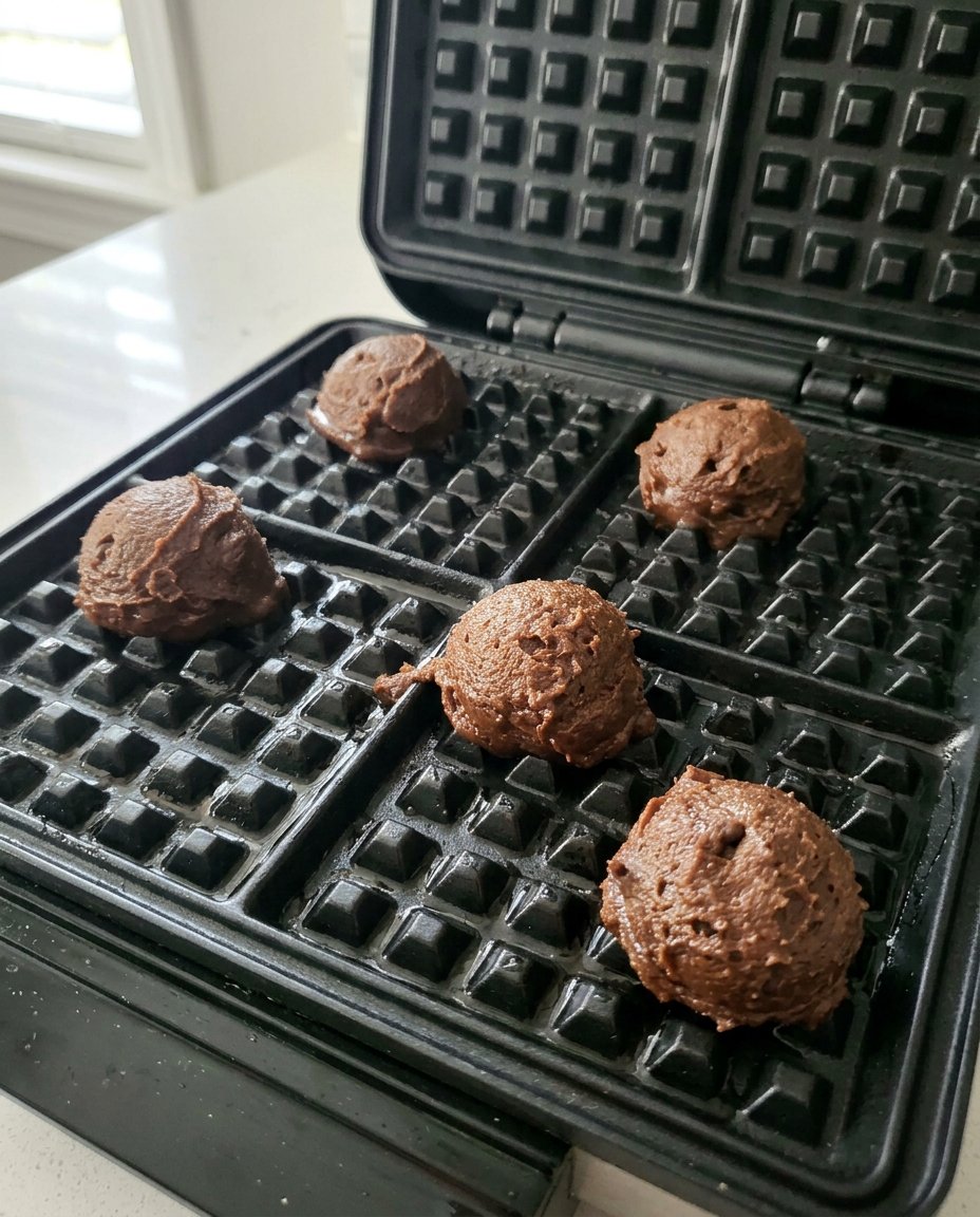 A flat lay of cocoa powder, pecans, soft caramels, and butter on a kitchen counter