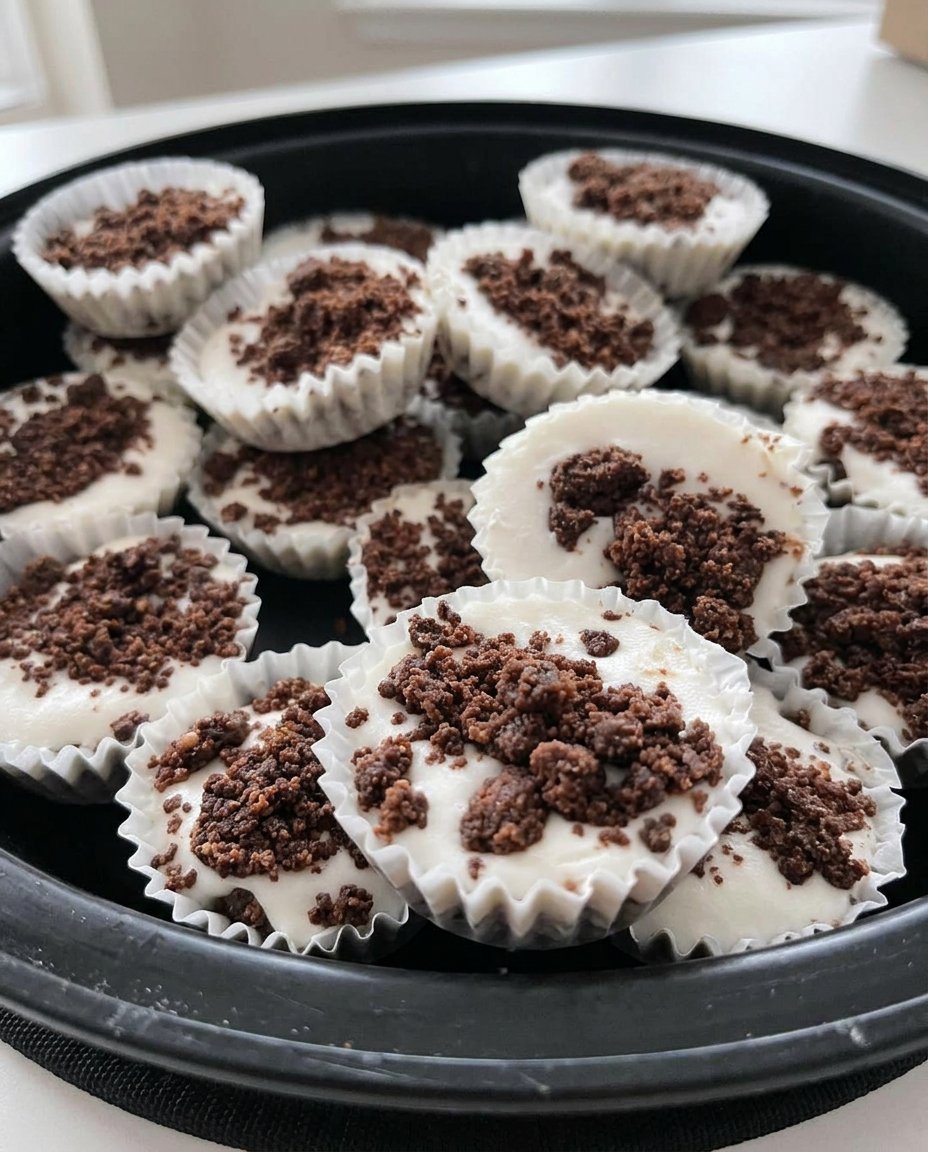 A stack of loaded keto fat bomb cookies with a cream center and chocolate crumbs