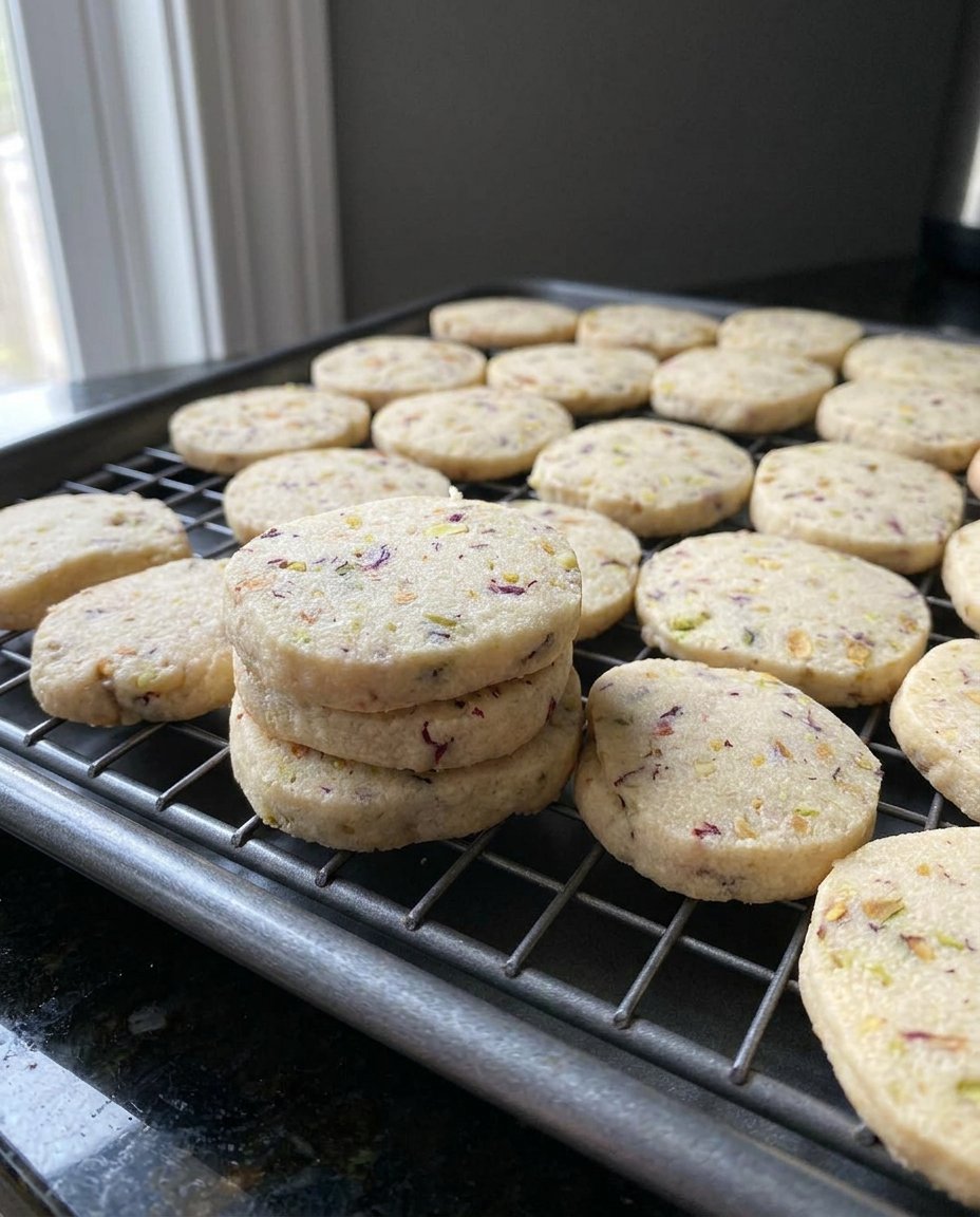 A stack of thick pistachio shortbread cookies showing off green nut pieces