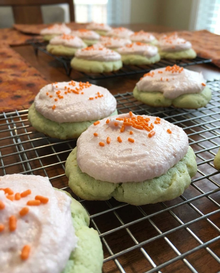 Lofthouse copycat cookies with pink frosting and colorful sprinkles on a wooden table.