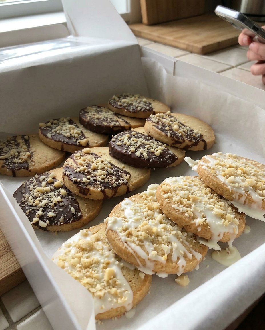 Buttery macadamia nut shortbread cookies dipped in dark chocolate and sprinkled with nuts on a rustic tray.