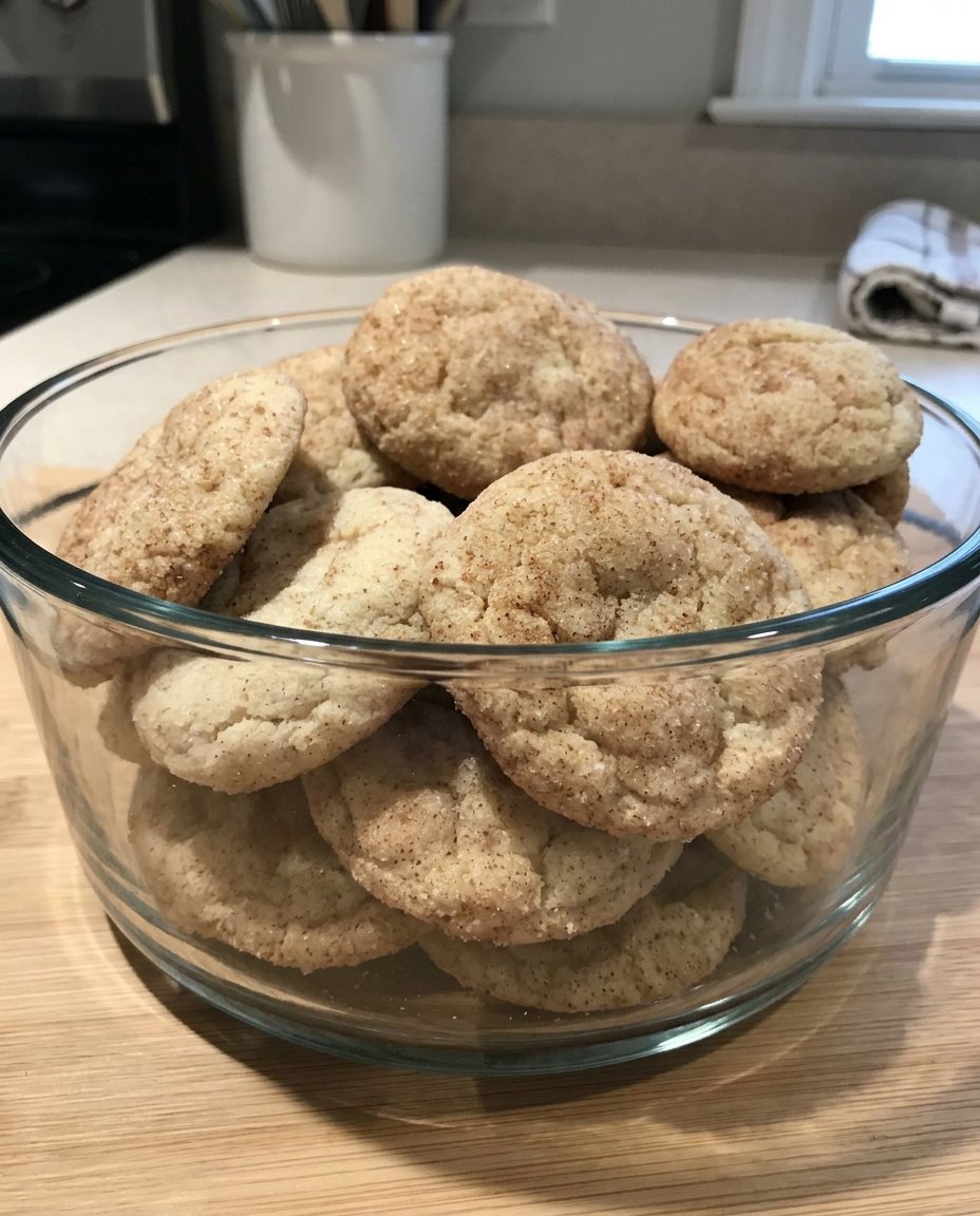 A tray of freshly baked maple snickerdoodles with golden edges and cracked cinnamon tops.