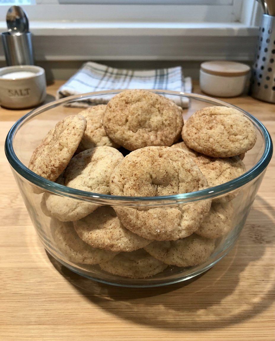 A stack of maple snickerdoodles on a rustic wooden board next to a cup of tea.