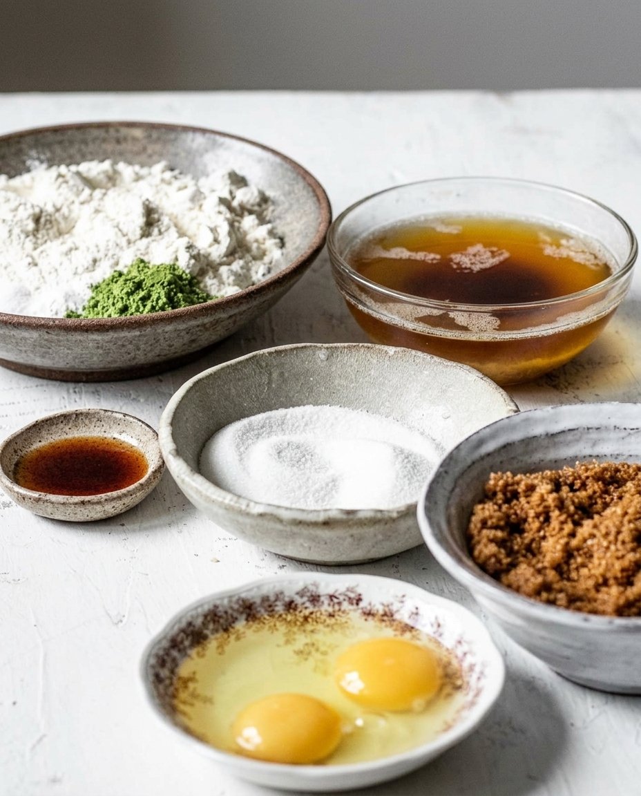 White chocolate chips, matcha powder, and coconut oil arranged on a kitchen counter