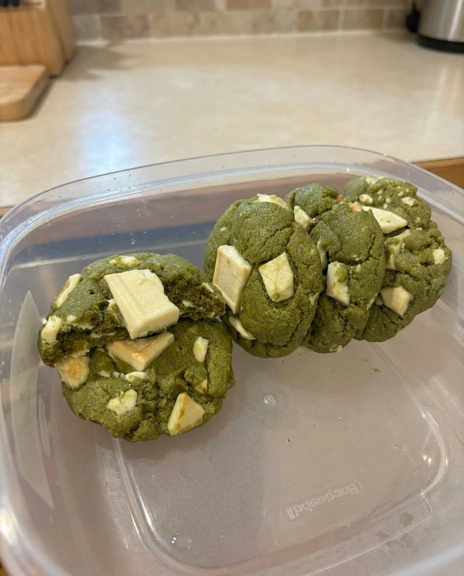 A close up shot of vibrant green matcha cookie dough with white chocolate chips