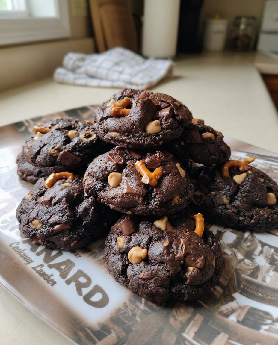 A high stack of finished milk chocolate chip cookies sprinkled with sea salt flakes.