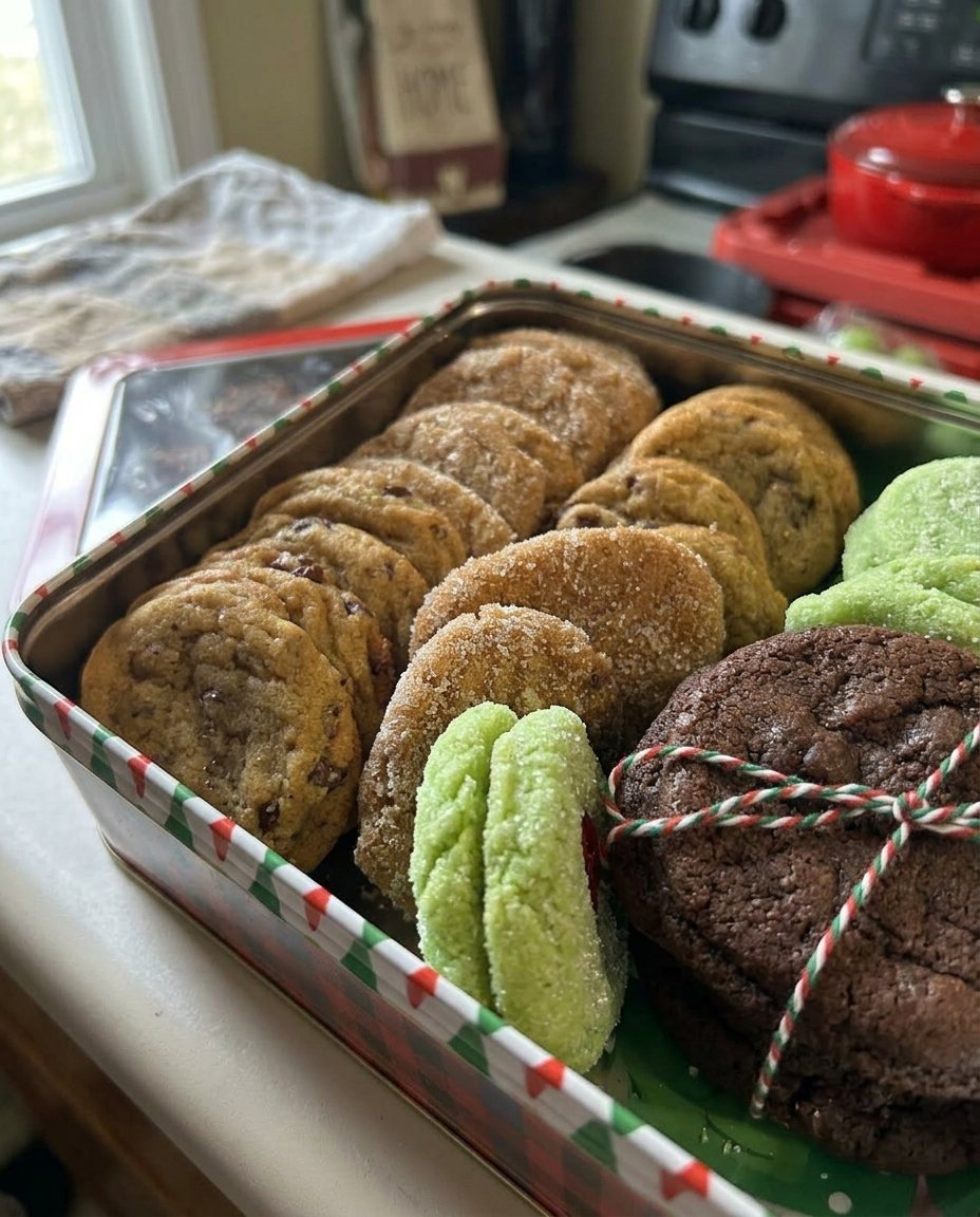 A glass jar filled with beautiful layers of flour brown sugar and chocolate candies for a mini cookies gift box