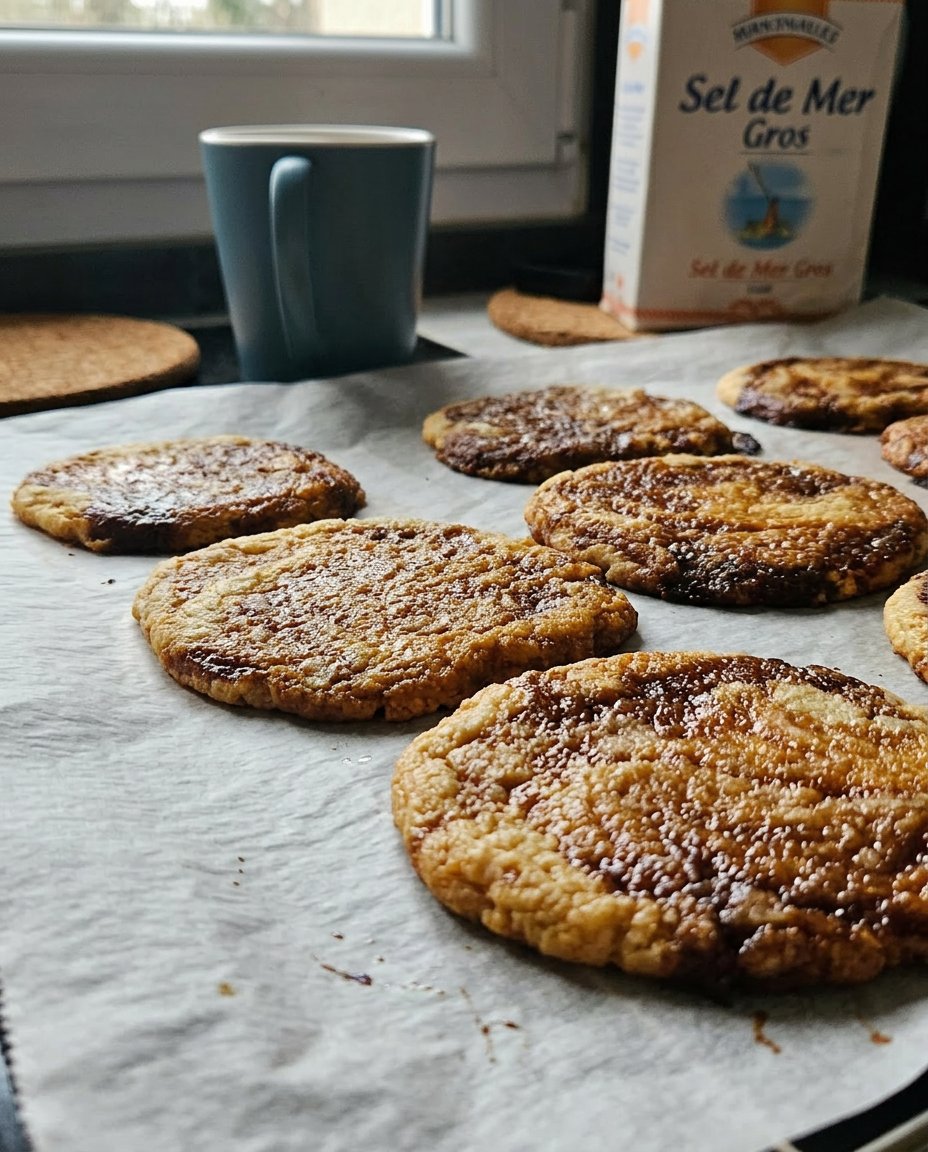 A close up shot of Miso Caramel Cookies showing golden brown rippled edges and a dark caramel swirl in the center.