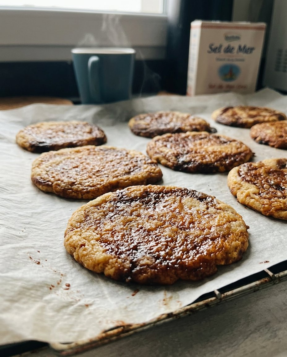 A stack of several large Miso Caramel Cookies cooling on a wire rack with flaky salt on top.