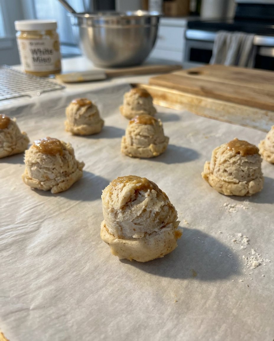 A hand using a paring knife to swirl dark miso caramel into a bowl of pale cookie dough.