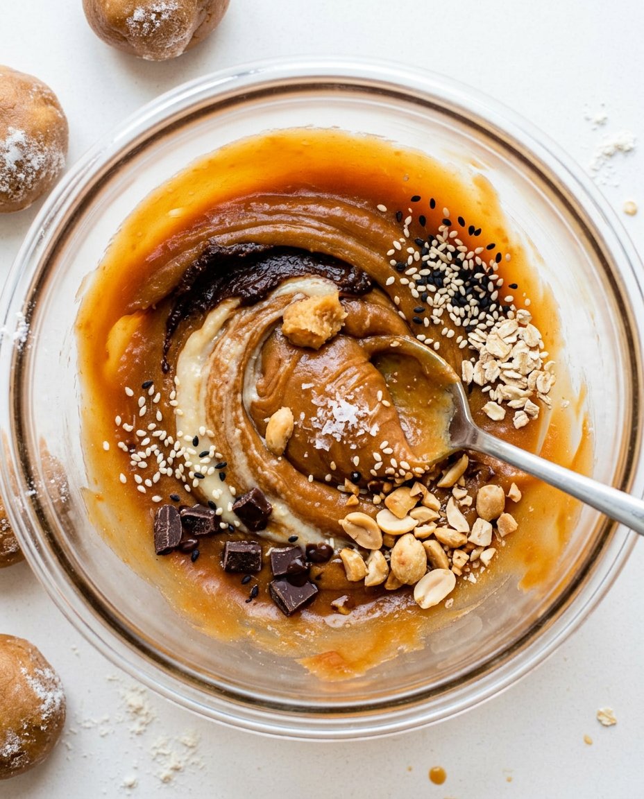 An overhead view of the ingredients for miso caramel cookies including miso paste, brown sugar, and flour.