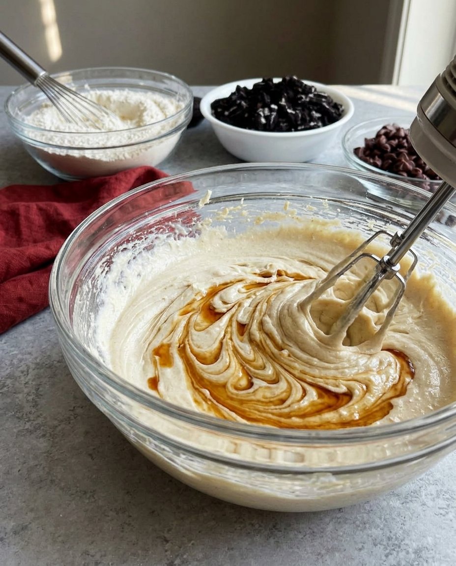Mixing thick chocolate brownie cookie batter with a spatula