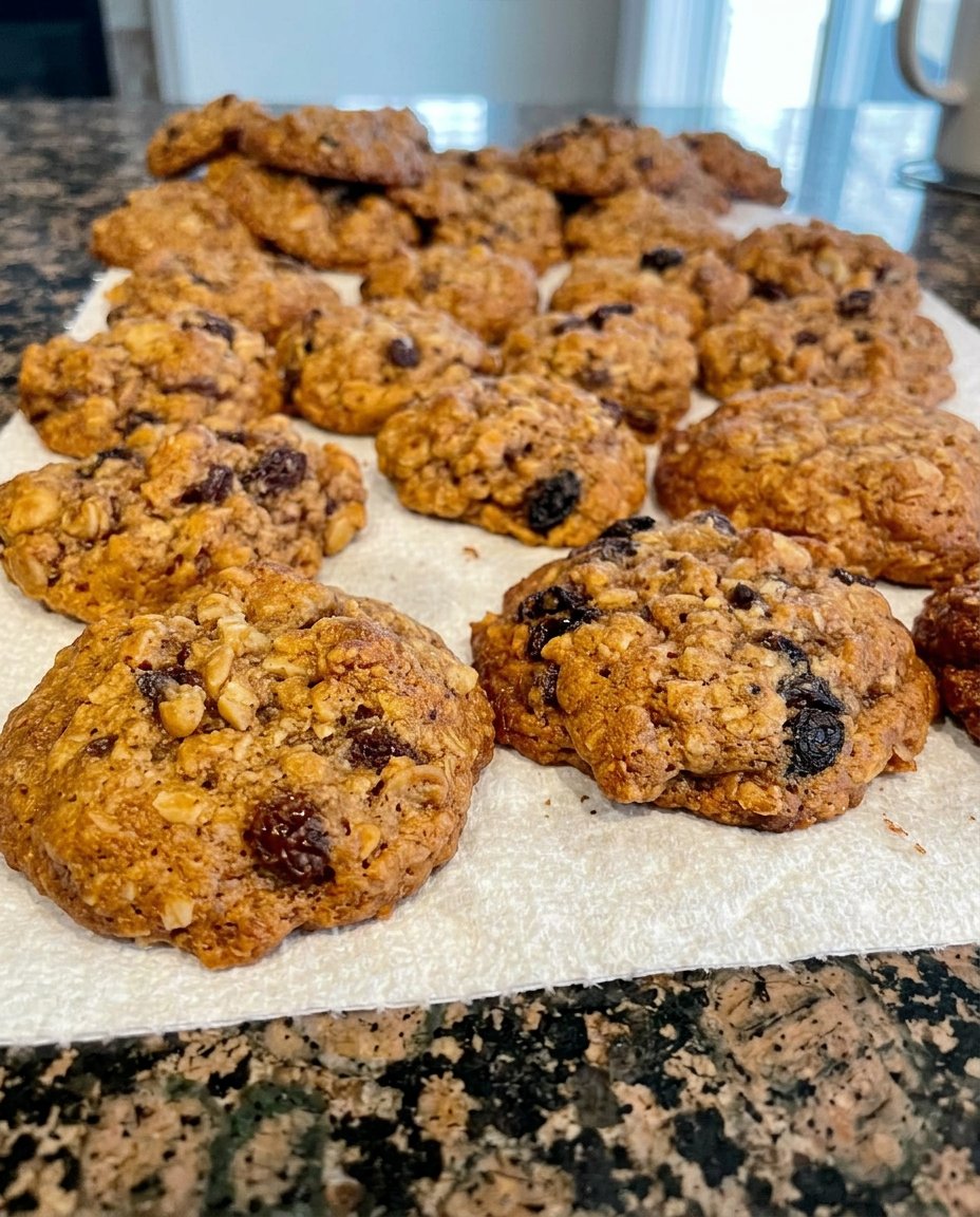 A massive stack of thick oatmeal raisin walnut cookies with visible walnuts and plump raisins