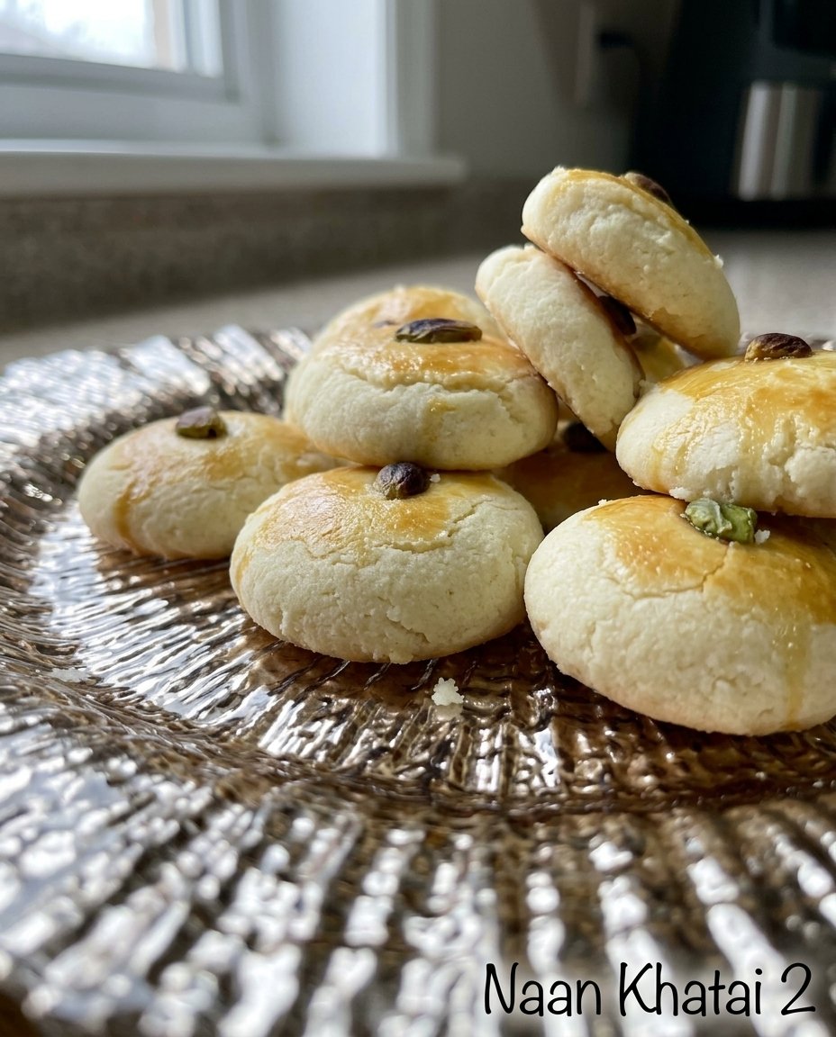 A plate of Naan Khatai biscuits next to a mug of steaming Masala Chai