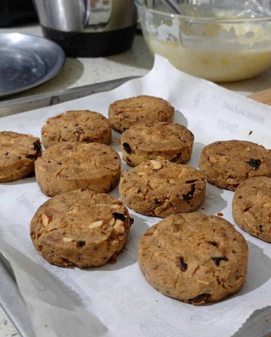 A stack of golden Naan Khatai cookies topped with pistachios and rose petals