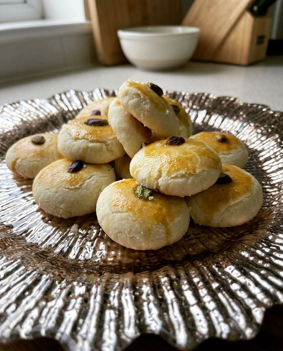 Golden Naan Khatai biscuits topped with pistachios and rose petals