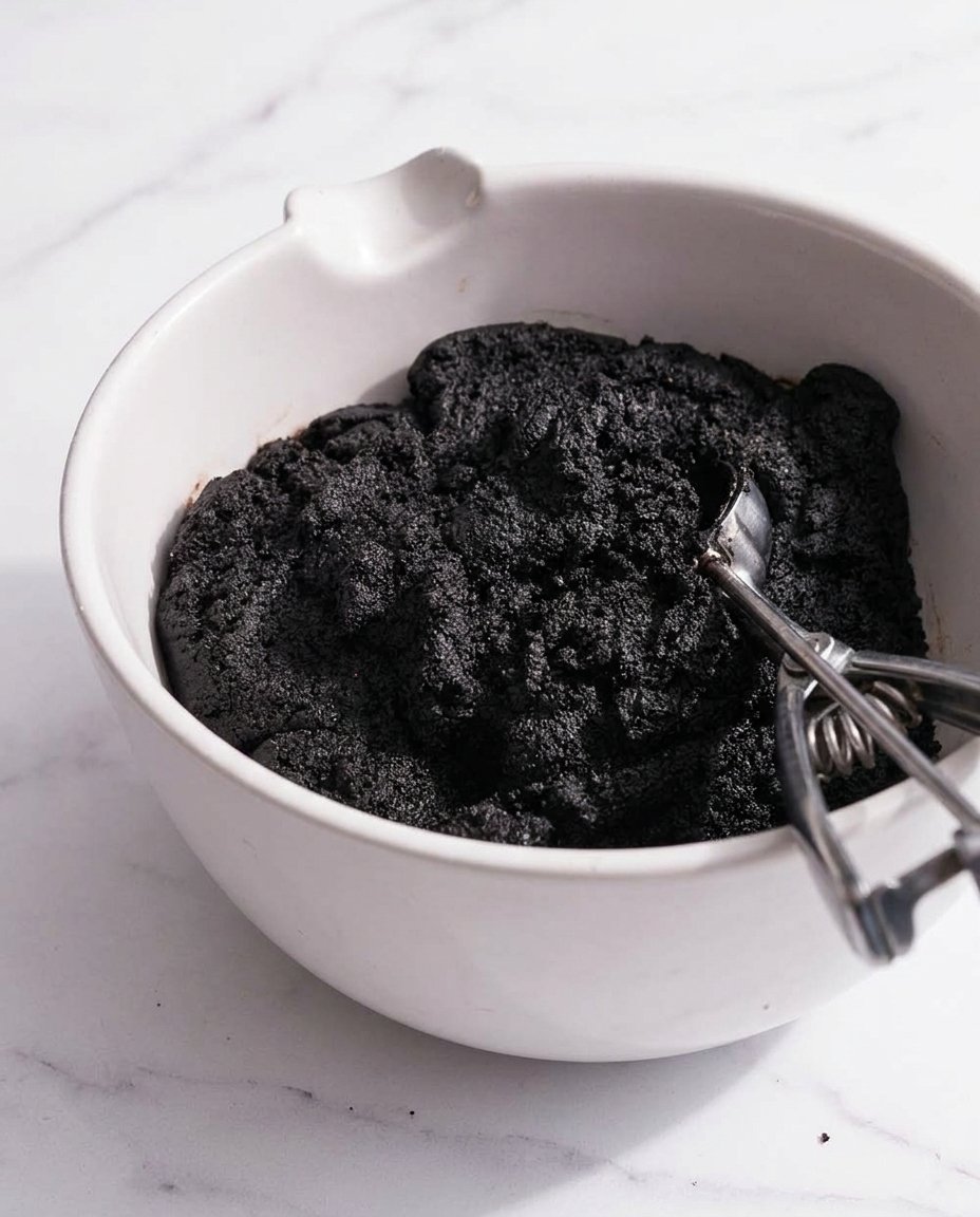 Oreo Copycat Cookies 12 An overhead view of flour, black cocoa powder, and real vanilla bean on a wooden surface