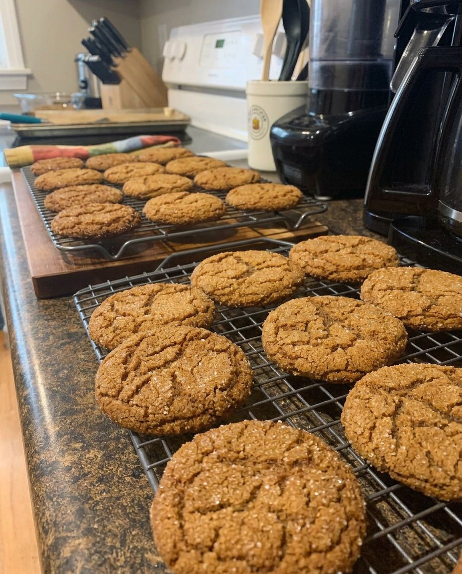 Ingredients for ginger cookies including dark molasses, ginger, cloves, and brown sugar.
