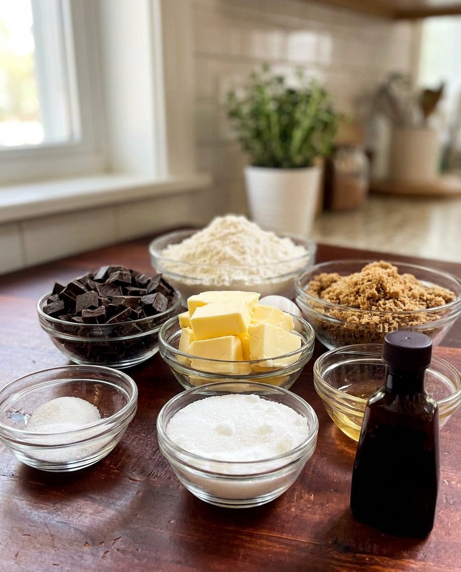 A collection of high quality ingredients like dark chocolate blocks, real vanilla, and wildflower honey on a counter.