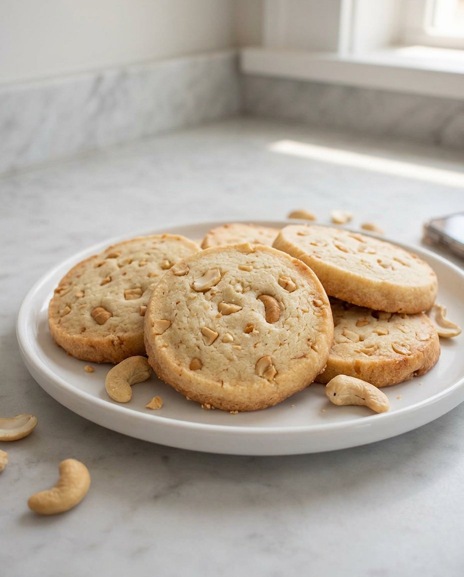 Cashew Shortbread 12 Ingredients for cashew shortbread including real butter, brown sugar, and a bowl of fresh cashews.