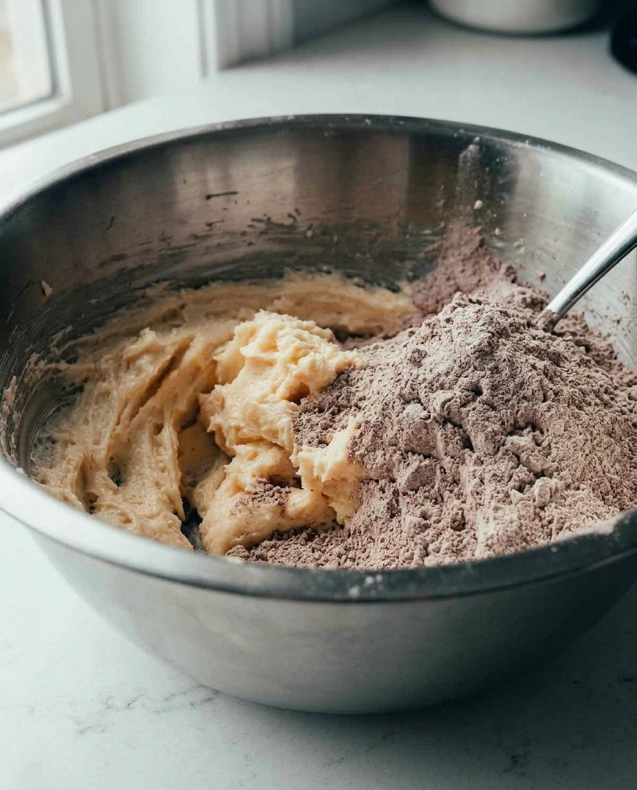 Bowls of flour, cocoa powder, and fresh butter arranged on a kitchen counter.